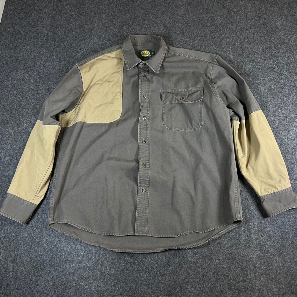 Cabelas Mens Shooting Shirt XL Gray Khaki Quilted Shoulder Hunting Cotton Canvas